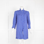 Sandro Blue Patterned Mini Dress with Frills & Pearl Button