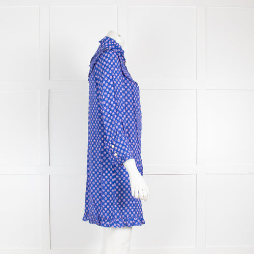 Sandro Blue Patterned Mini Dress with Frills & Pearl Button