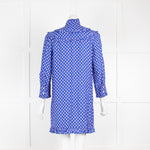 Sandro Blue Patterned Mini Dress with Frills & Pearl Button