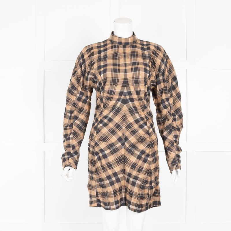 Ganni Brown Check Ruched Sleeve Dress