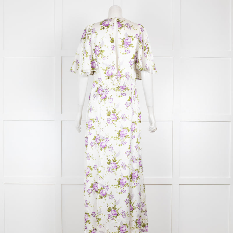 Les Reveries Cream Silk Dress with Purple Flowers