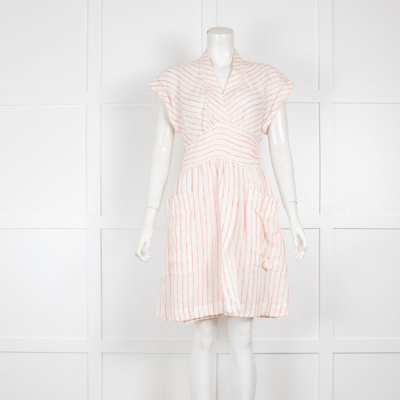 Three Graces White Linen Dress with Red Stripes