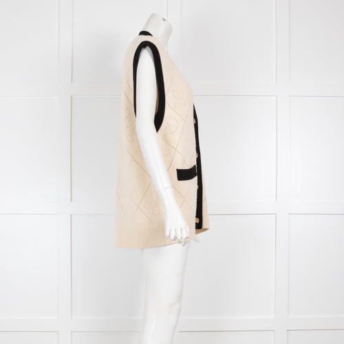 Sandro Cream Knitted Sleevless Cardigan with Black Trim