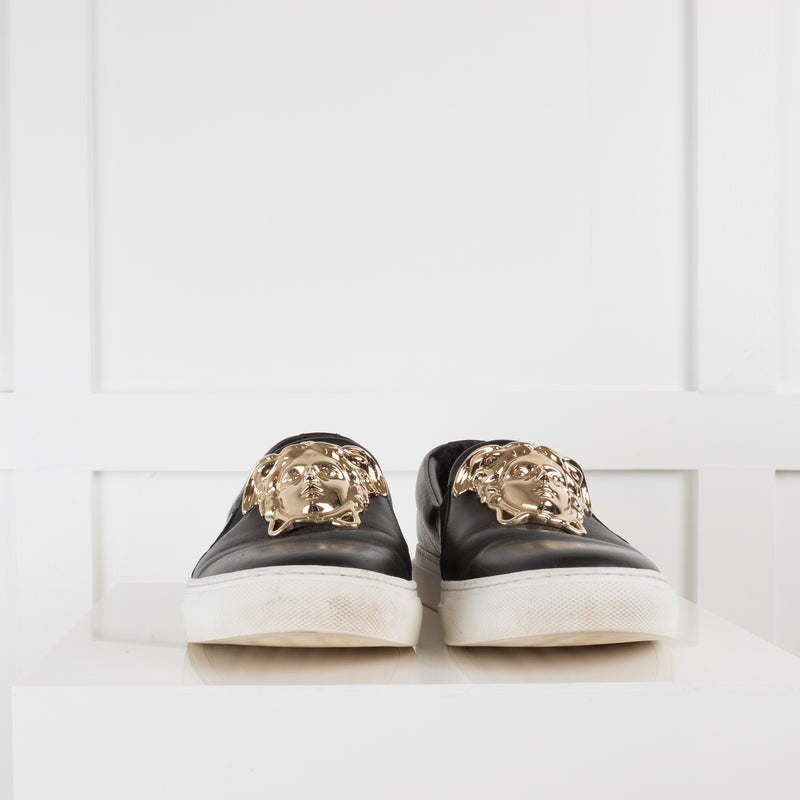 Versace Black Leather Palazzo Medusa Slip On Sneakers Size 38 Versace