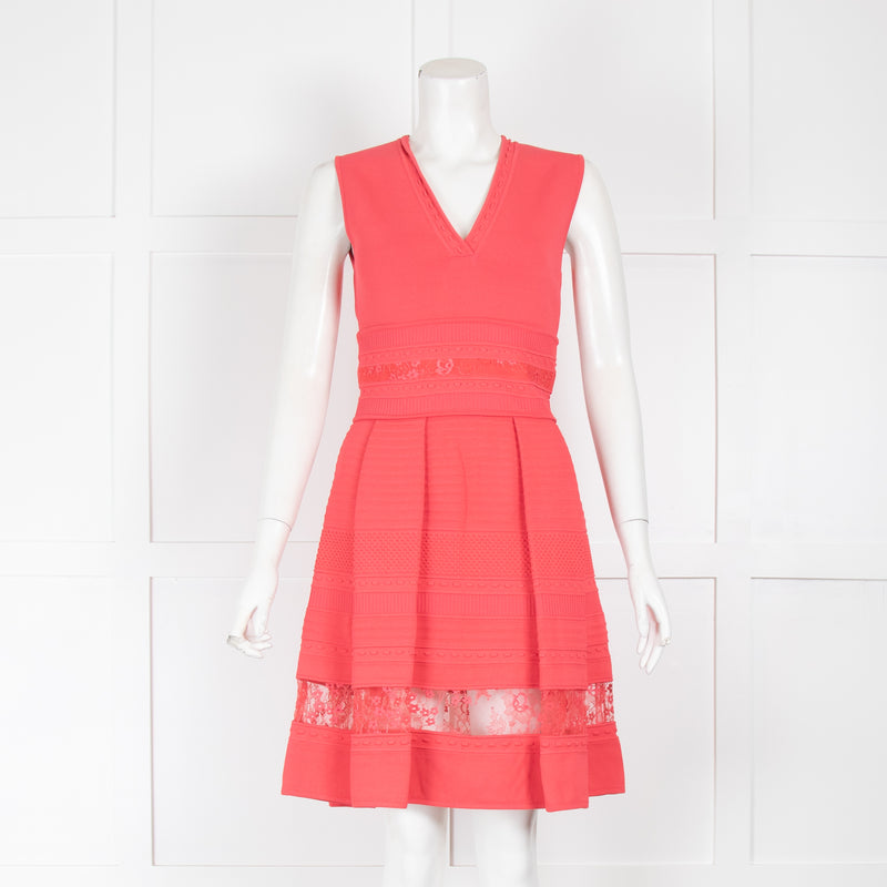 Elie Saab Coral V Neck Mini Dress with Lace Insert