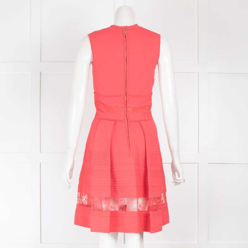 Elie Saab Coral V Neck Mini Dress with Lace Insert