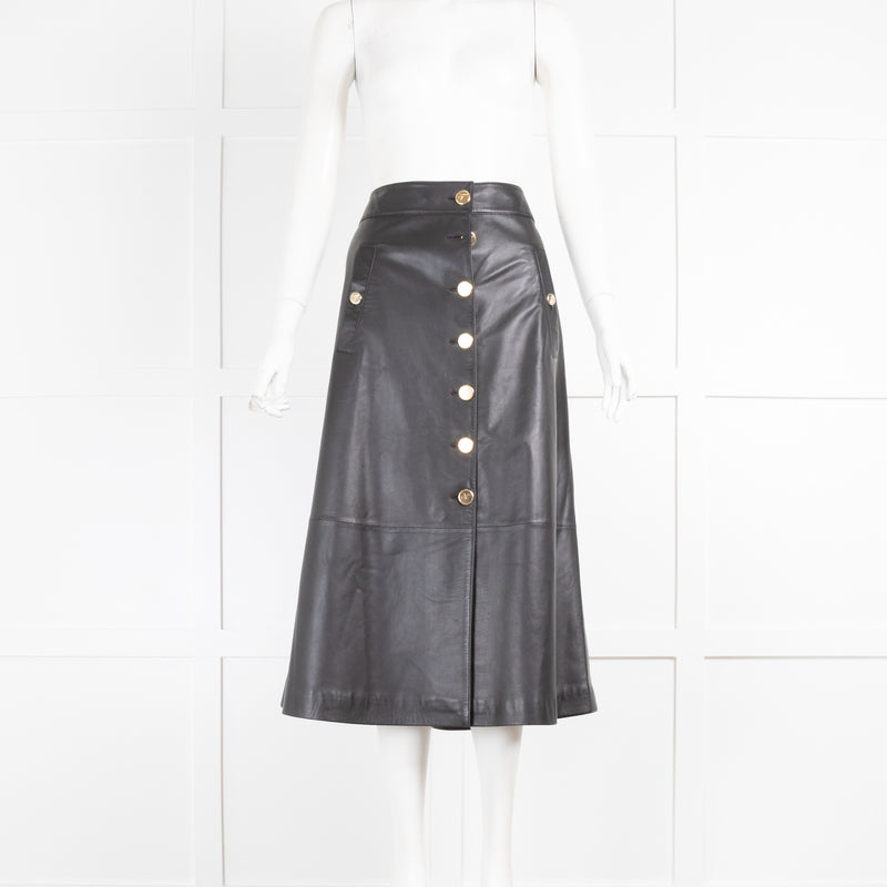 Temperley Black Leather Skirt with Gold Buttons