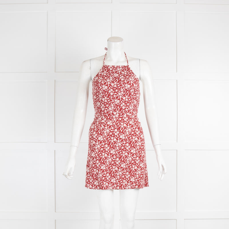 Reformation Red Floral Print Halter Neck Mini Dress