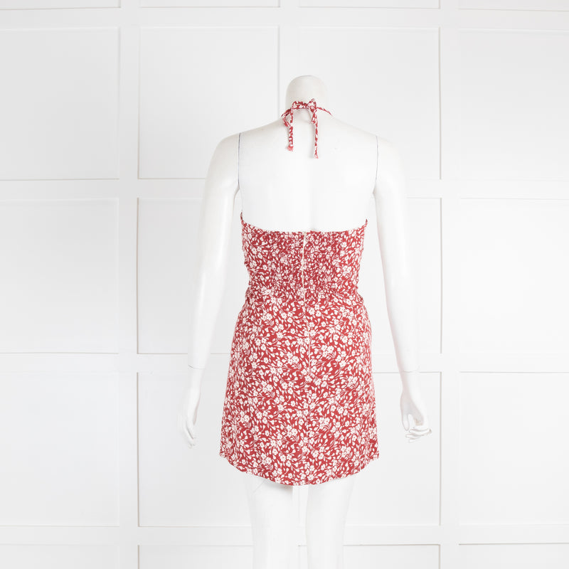 Reformation Red Floral Print Halter Neck Mini Dress