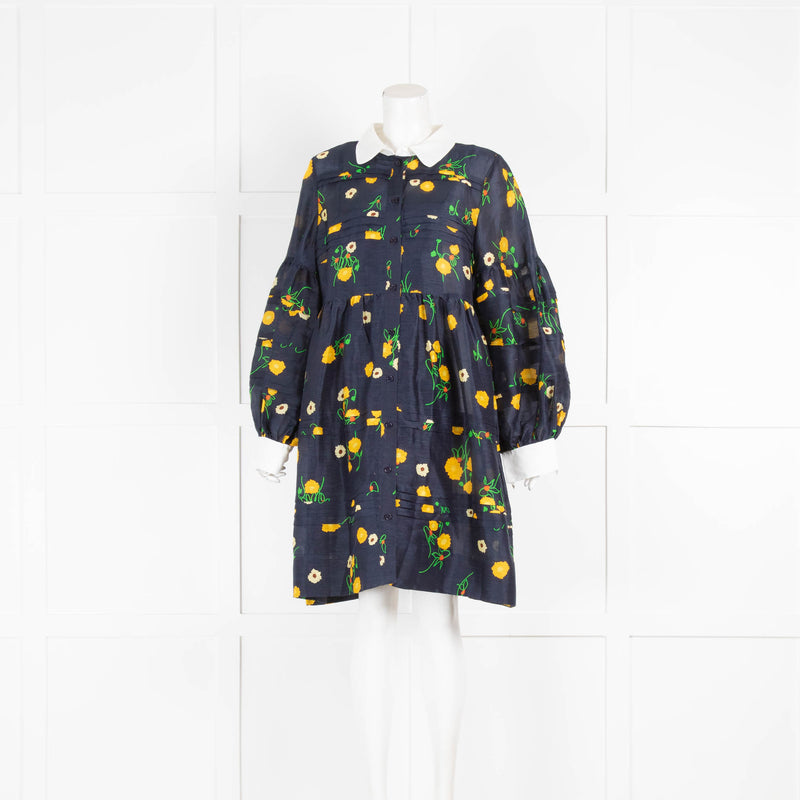 Lee Mathews Navy Yellow Floral Silk Blend Long Sleeve Dress