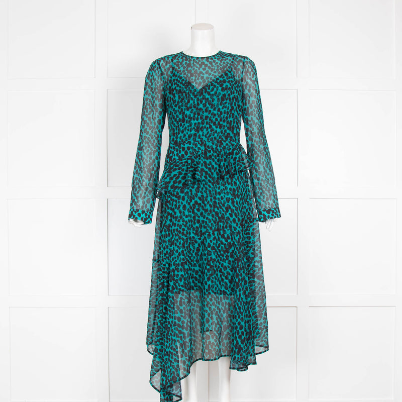 Markus Lupfer Green Animal Print Sheer Dress With Frill