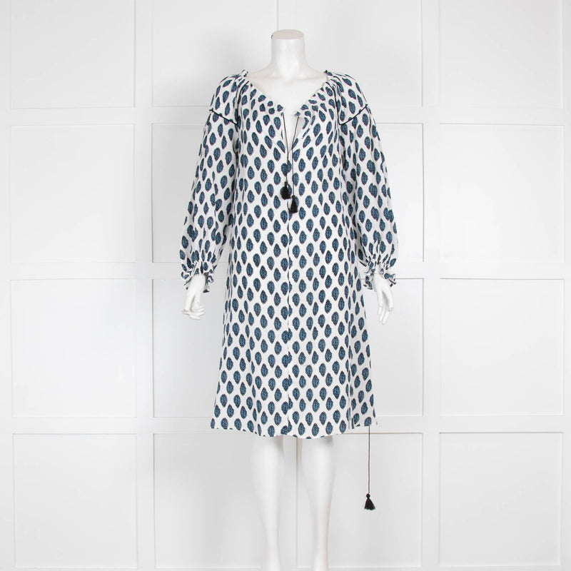 Maje White Blue Print Long Sleeve Peasant Short Dress