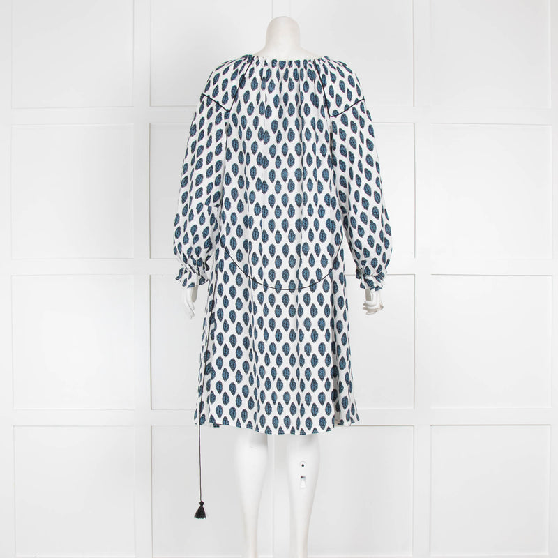 Maje White Blue Print Long Sleeve Peasant Short Dress