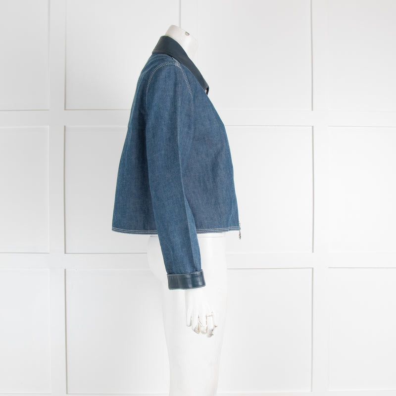 Edun Blue Denim Leather Trim Jacket